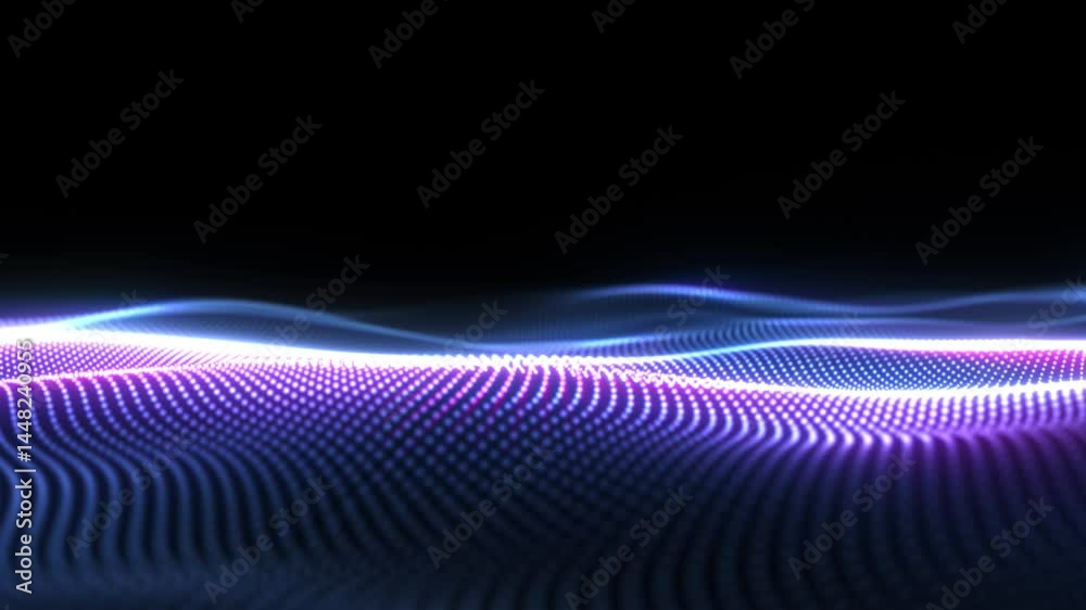Abstract digital glowing dynamic particle waves with motion light background, data flow, cyber technology. 3d rendering. Seamless looping video 4k. Data flow intro video animation