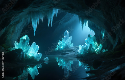 Mystical crystal cave with bioluminescent glow, glowing minerals, sacred subterranean sanctuary, enchanted underground world with spiritual and ancient energy