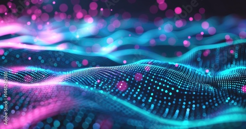 Abstract digital landscape with vibrant colors and flowing patterns.