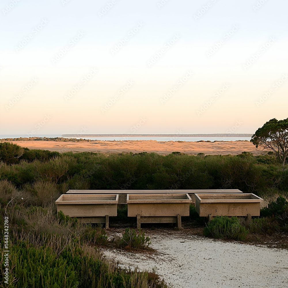 Obraz premium Coastal sunrise view with four concrete troughs, sandy dunes, and vegetation. Ideal for environmental or landscape design projects