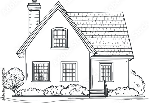 Black and white line drawing of a small house with chimney windows door stairs and surrounding bushes