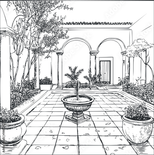 Black and white line drawing of a classic courtyard with a central fountain, tiled floor, arched columns, and plants.