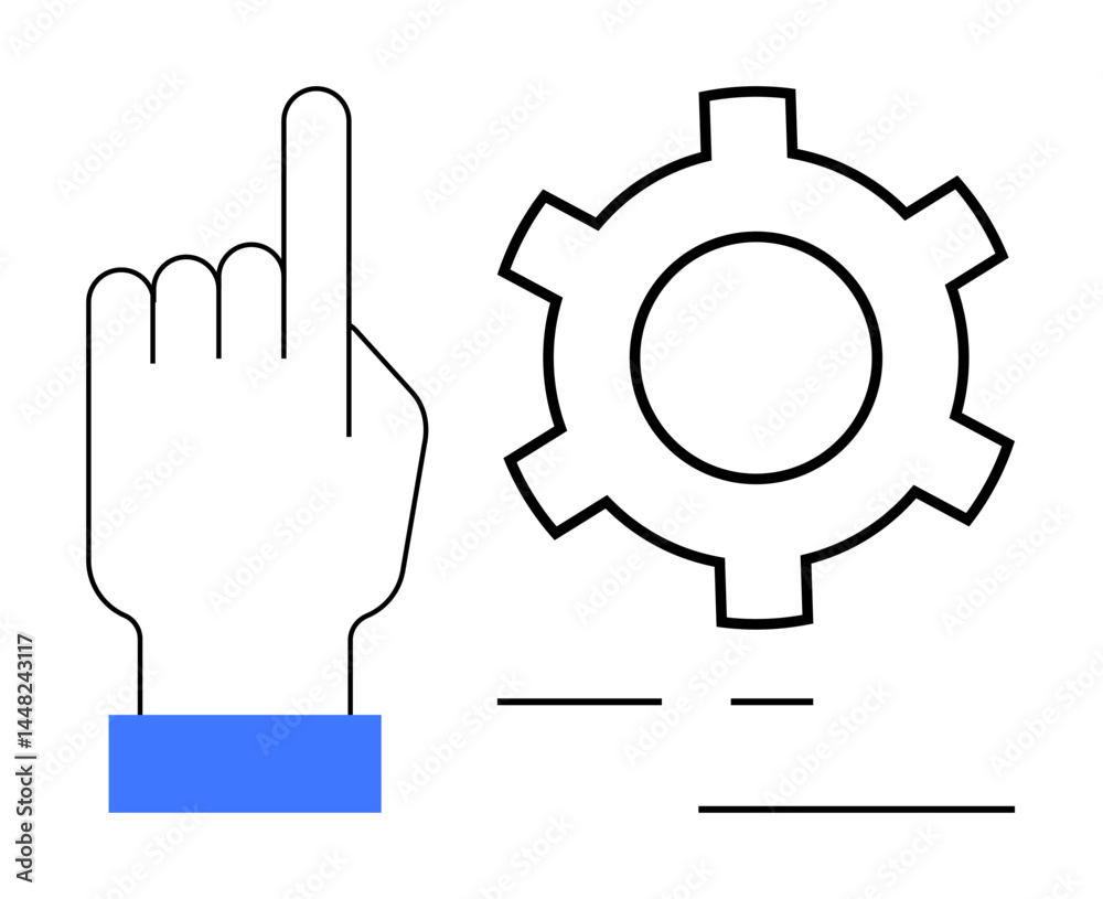 Raised hand with a blue cuff next to a gear symbol. Ideal for user control, customization, settings, interaction, technology, UX design, simple landing page Raised hand with a blue cuff next to a gear symbol. Ideal for user control, customization, settings, interaction, technology, UX design, simple landing page