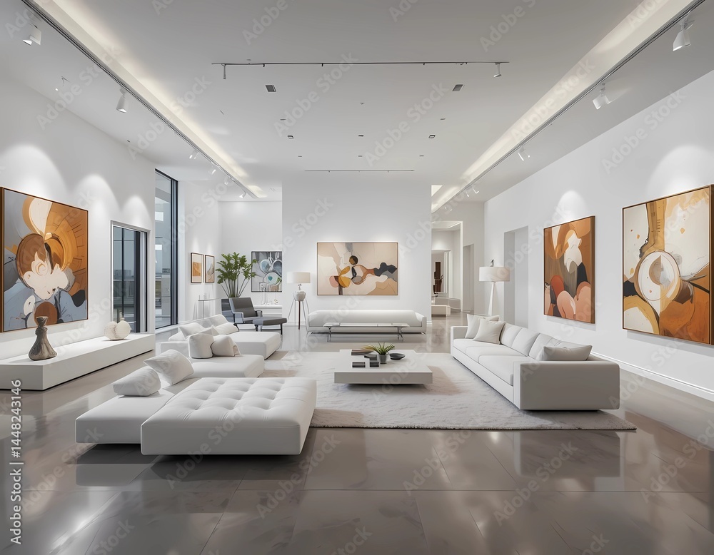 Fototapeta premium A home designed like a private art gallery, with open white spaces