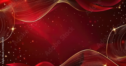 A vibrant abstract background with flowing red waves and sparkling elements.