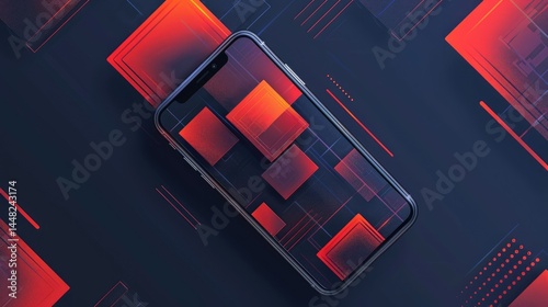 A smartphone displaying a vibrant, abstract graphic design with geometric shapes.