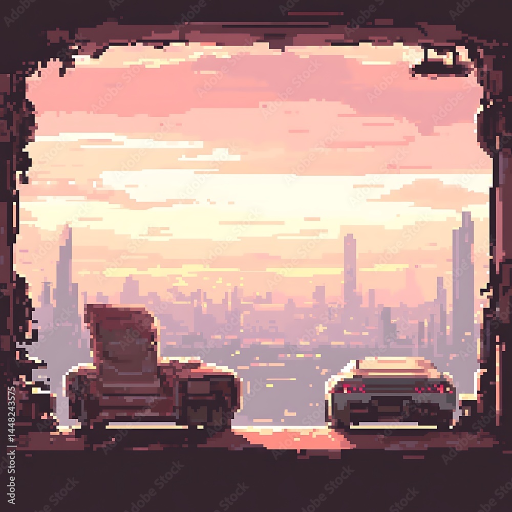 Fototapeta premium Pixel art depicting two cars parked overlooking a futuristic city skyline at sunset. The scene is viewed through a weathered stone frame, adding a sense of age and decay to the otherwise modern