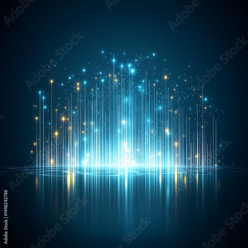 Abstract digital cityscape at night, glowing blue and gold vertical lines with bright light reflecting on dark water, futuristic and technological concept