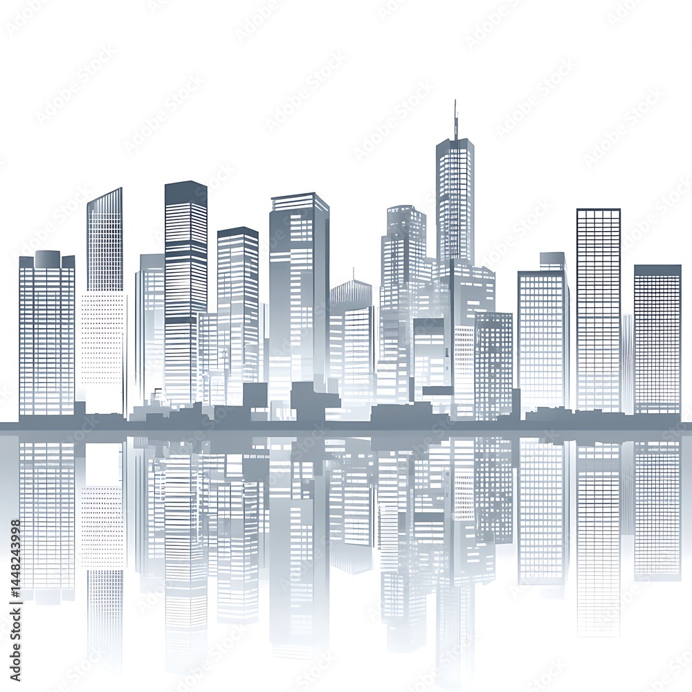 Obraz premium Gray city skyline reflected in water, minimalist style, urban landscape illustration. Modern cityscape with various building heights and shapes, clean lines, simple design. The image evokes a sense