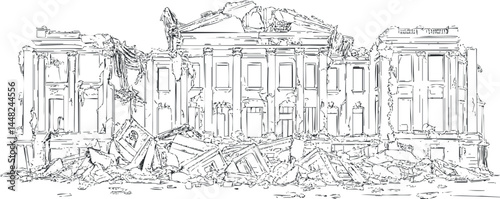 Black and white line drawing of a large ruined historic building with extensive debris and damage