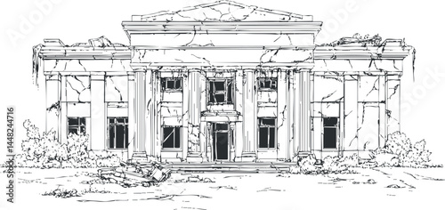 Black and white sketch of an abandoned historic building with cracked columns and visible damage