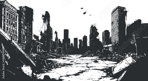 Black and white illustration of a ruined city with destroyed buildings and debris in a postapocalyptic setting
