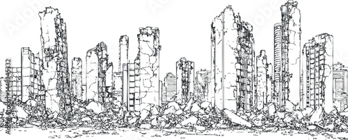 Black and white line drawing of a destroyed cityscape with crumbling and ruined skyscrapers surrounded by debris and ruins