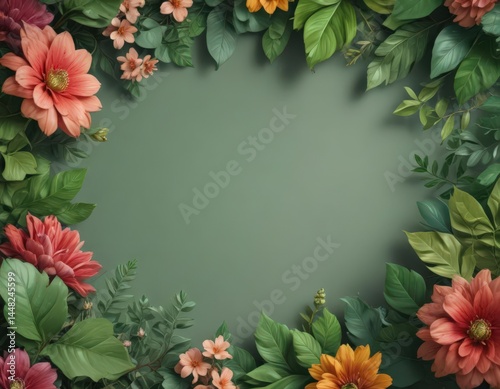 Subtle green leaves frame vibrant painted flowers,  vibrant,  green background