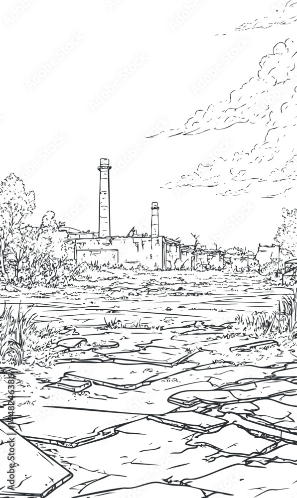 Fototapeta premium Black and white sketch of an abandoned industrial factory with chimneys and cracked ground under a cloudy sky.