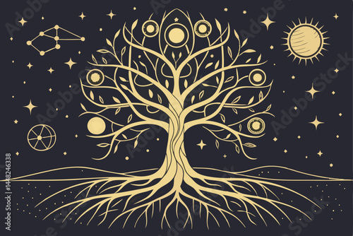 9 Cosmic tree of life, intricate root system, golden celestial bodies, starry night sky, ethereal glow, mystical atmosphere, surreal landscape, planetary orbs, shimmering constellations, symmetrical c