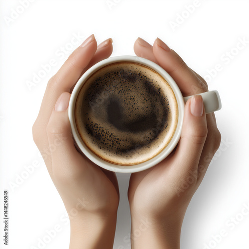 Woman hands holding coffee cup morning beverage and relaxation symbol isolated on white background
