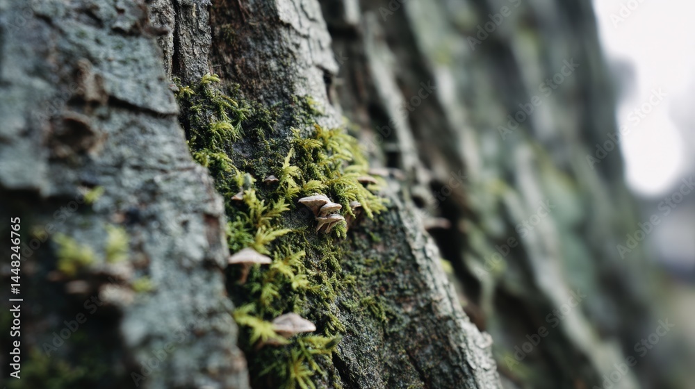 Moss and Fungi on Weathered Tree Bark in Nature Scene Moss and Fungi on Weathered Tree Bark in Nature Scene