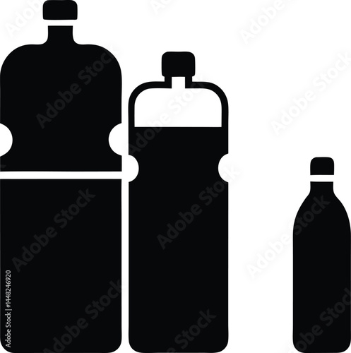 Collection of plastic drinking water bottles in various sizes illustrated in minimalist line art style representing hydration cleanliness environmental awareness and daily use containers