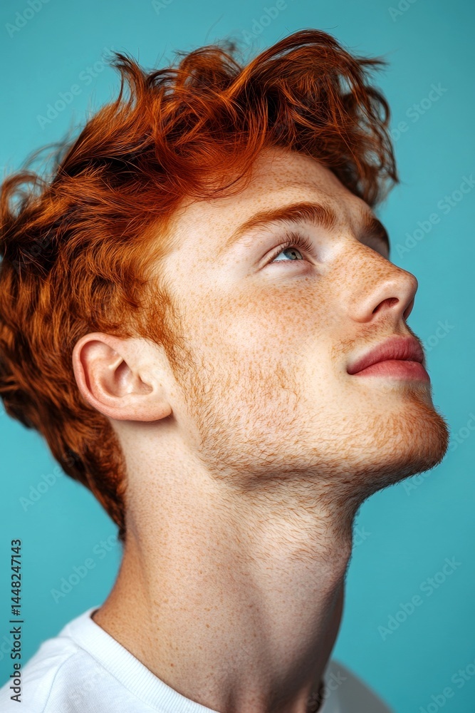 A man with timeless elegance and a natural smile. Blue solid background. Visual idea of style for aging men. Classy men's shoulder-length taper haircut - midlife white man with red hair.