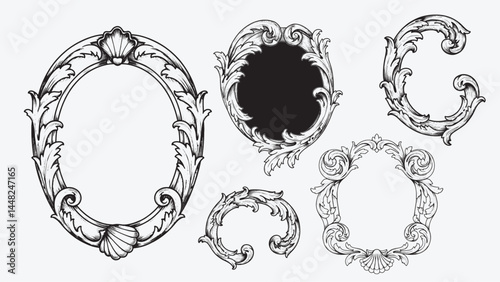 Luxurious Rococo scroll frame with engraved floral and shell motifs in woodcut engraving style