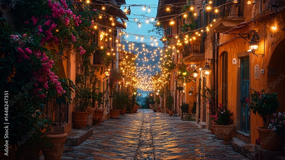 Fototapeta premium Italian Evening Street with Fairy Lights