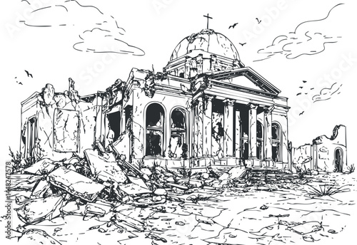 Black and white sketch of a ruined historic church building with dome and columns surrounded by debris and rubble.