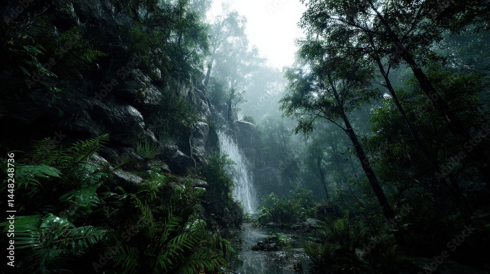Fototapeta premium Serene Waterfall Amidst Lush Greenery in Misty Forest Landscape