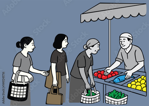 This vector image depicts the atmosphere in a traditional market