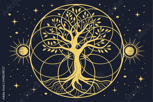 9 Cosmic tree of life, intricate root system, golden celestial bodies, starry night sky, ethereal glow, mystical atmosphere, surreal landscape, planetary orbs, shimmering constellations, symmetrical c