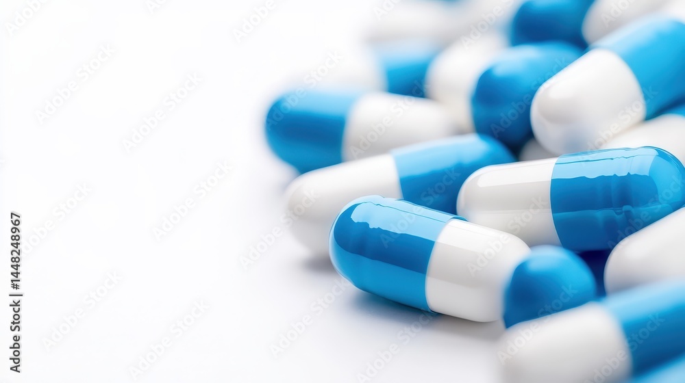 Blue and white antibiotic capsules on a white background symbolizing modern prescription drugs in the global pharmaceutical industry and the ongoing medical battle against bacterial infections.
