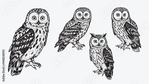 Wise owl perched calmly with round eyes spread feathers and detailed talons drawn in black and white woodcut engraving style Hand-drawn bold-line vector isolated on white background