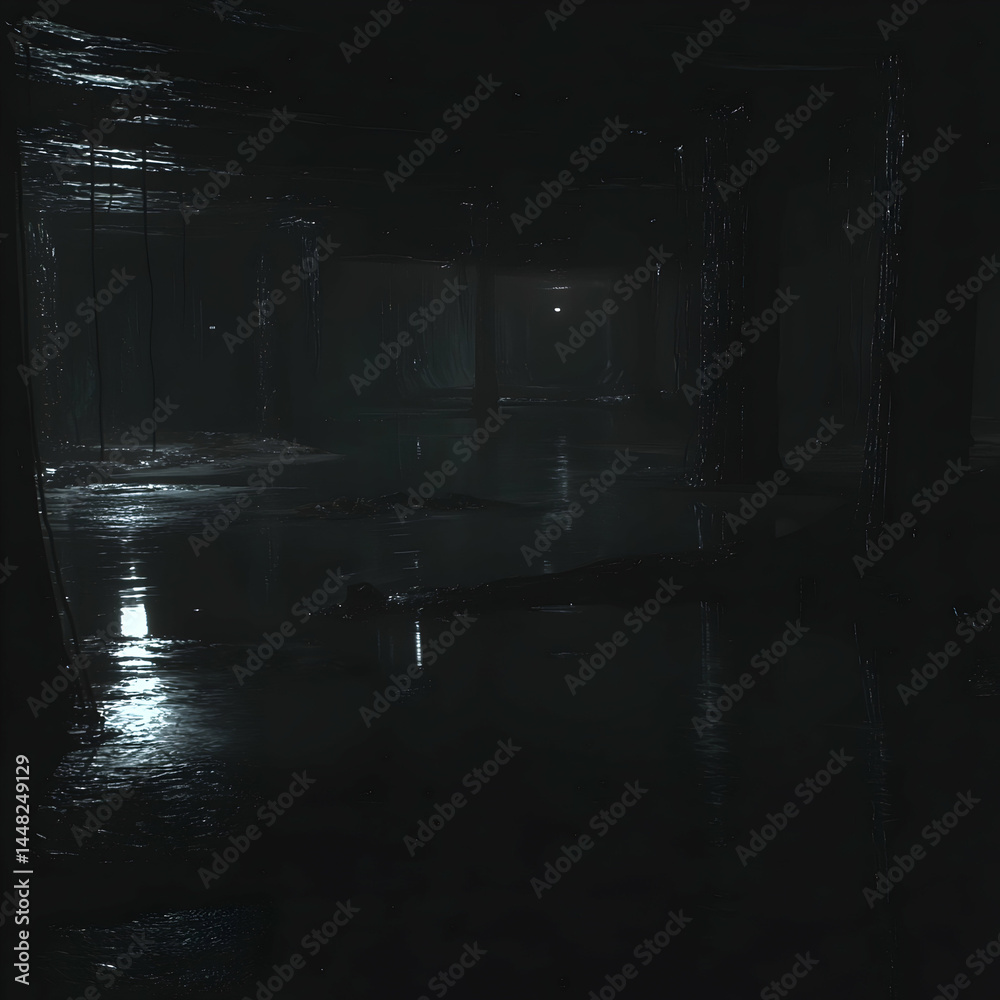 Obraz premium Flooded urban underground, dimly lit passage, mystery, water reflection, dark atmosphere, suitable for thriller game background