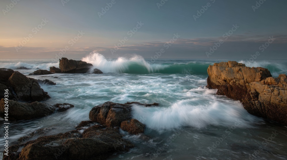 Serene Coastal Scene with Waves Crashing on Rocky Shoreline at Dusk Serene Coastal Scene with Waves Crashing on Rocky Shoreline at Dusk