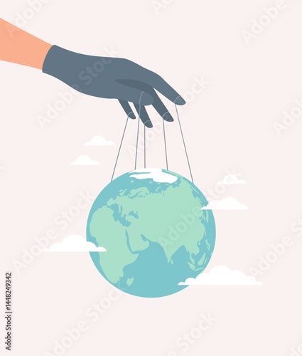 A puppeteer's hand in dark glove manipulating the planet Earth with strings. Flat vector illustration