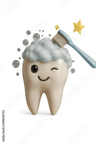 Cartoon Tooth Brushing with Toothpaste and Bubbles 