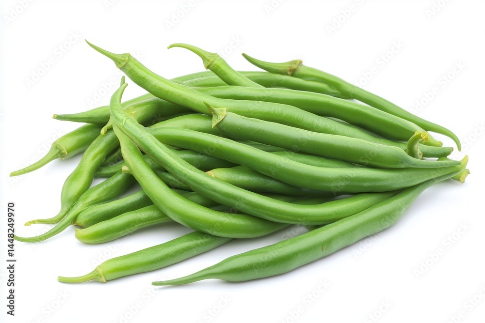 Fresh green beans piled together on a white background, showcasing their vibrant color Fresh green beans piled together on a white background, showcasing their vibrant color