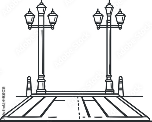 Black and white line drawing of a street with lampposts and pedestrian crosswalk in an urban setting