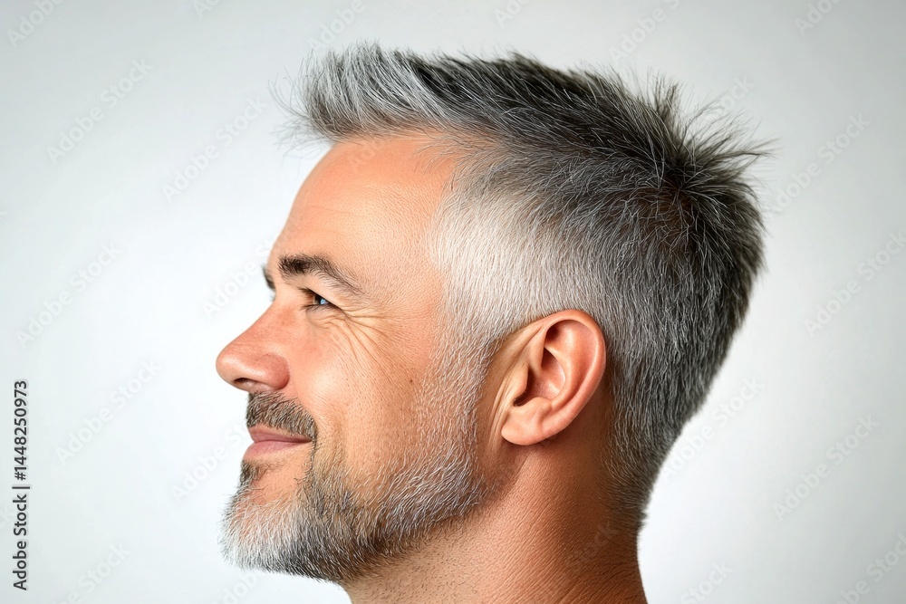Trendy men's short spike haircut - midlife white man with grey hair. Pattern of style for aging men. A confident man making a stylish impression. Pure white solid background.