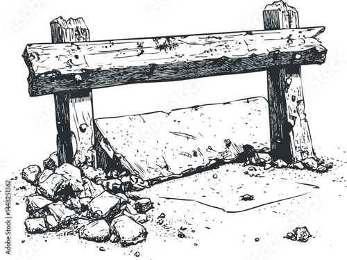 Hand-drawn illustration of a wooden trapdoor over a pitfall trap on the ground surrounded by stones