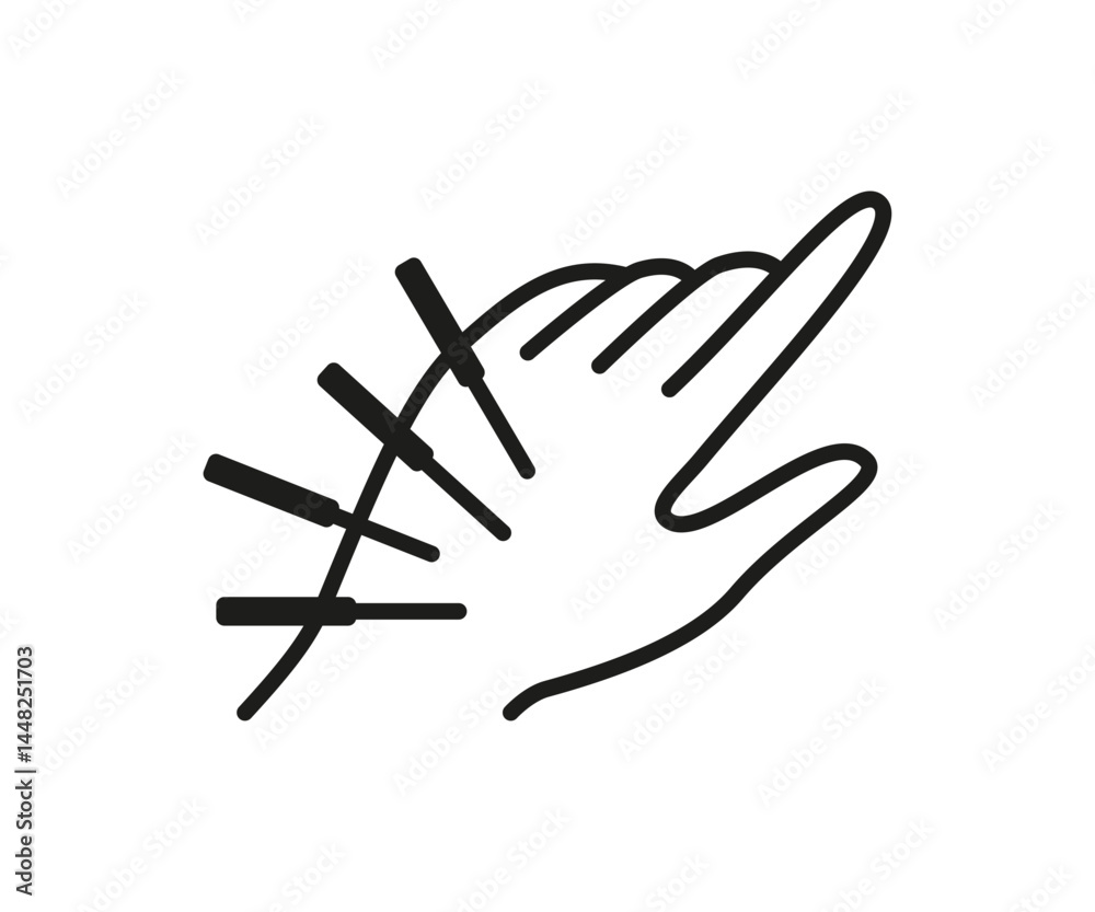 Obraz premium Acupuncture, hand with medical needles line icon. Alternative medicine. Body therapy and spa, wellness and acupressure. Vector illustration