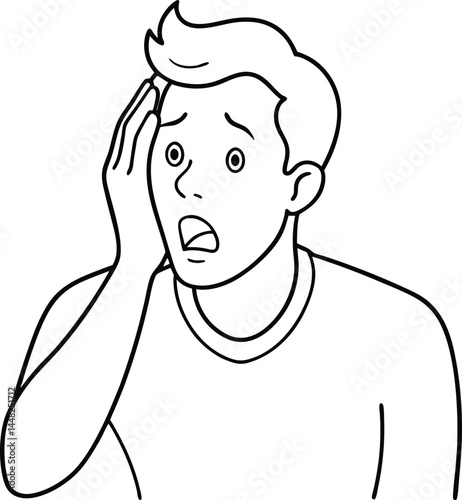 Shocked man shown in minimalist continuous line art capturing surprise emotion and expressive reaction ideal for emotional artwork portrait themes and dramatic visual storytelling