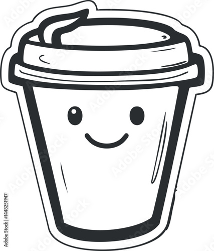 Black and white cartoon illustration of a smiling to-go coffee cup with a lid and happy face