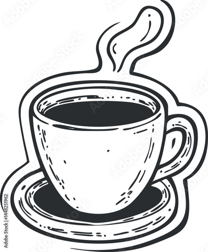 Black and white hand drawn illustration of a steaming hot coffee cup on a saucer
