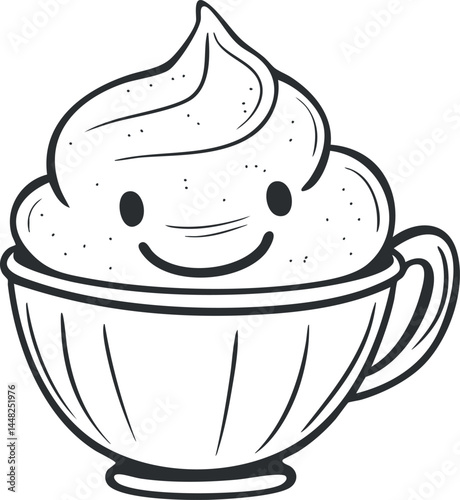 Whipped cream with a cute smiling face in a cup outlined in simple black and white line art