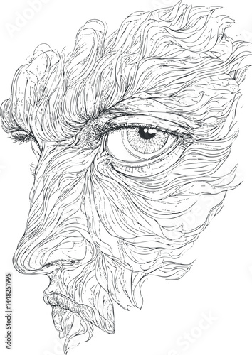 Abstract line art drawing of a human face profile with detailed eye and flowing organic shapes
