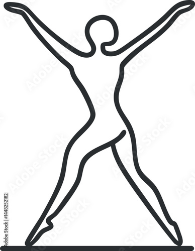 Black outline silhouette of a woman in a dynamic pose with arms and legs spread apart on white background
