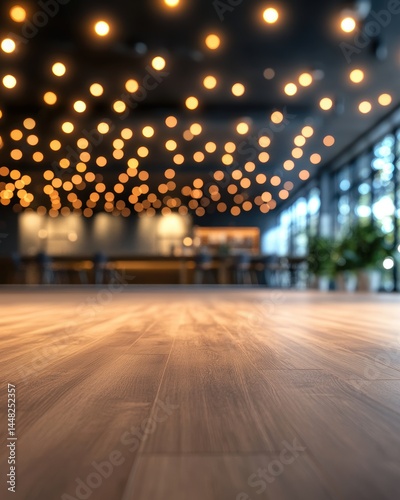 Elegant Restaurant Interior with Warm Lighting and Wood Floor Perspective View