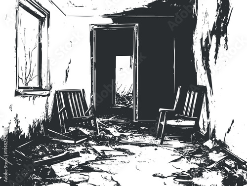 Abandoned room with broken chairs and peeling walls showing signs of decay and neglect