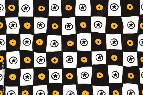 Black and White Grid Pattern with Fried Egg Motif. Funny modern breakfast theme. Quirky food illustration. Pop art kitchen design.